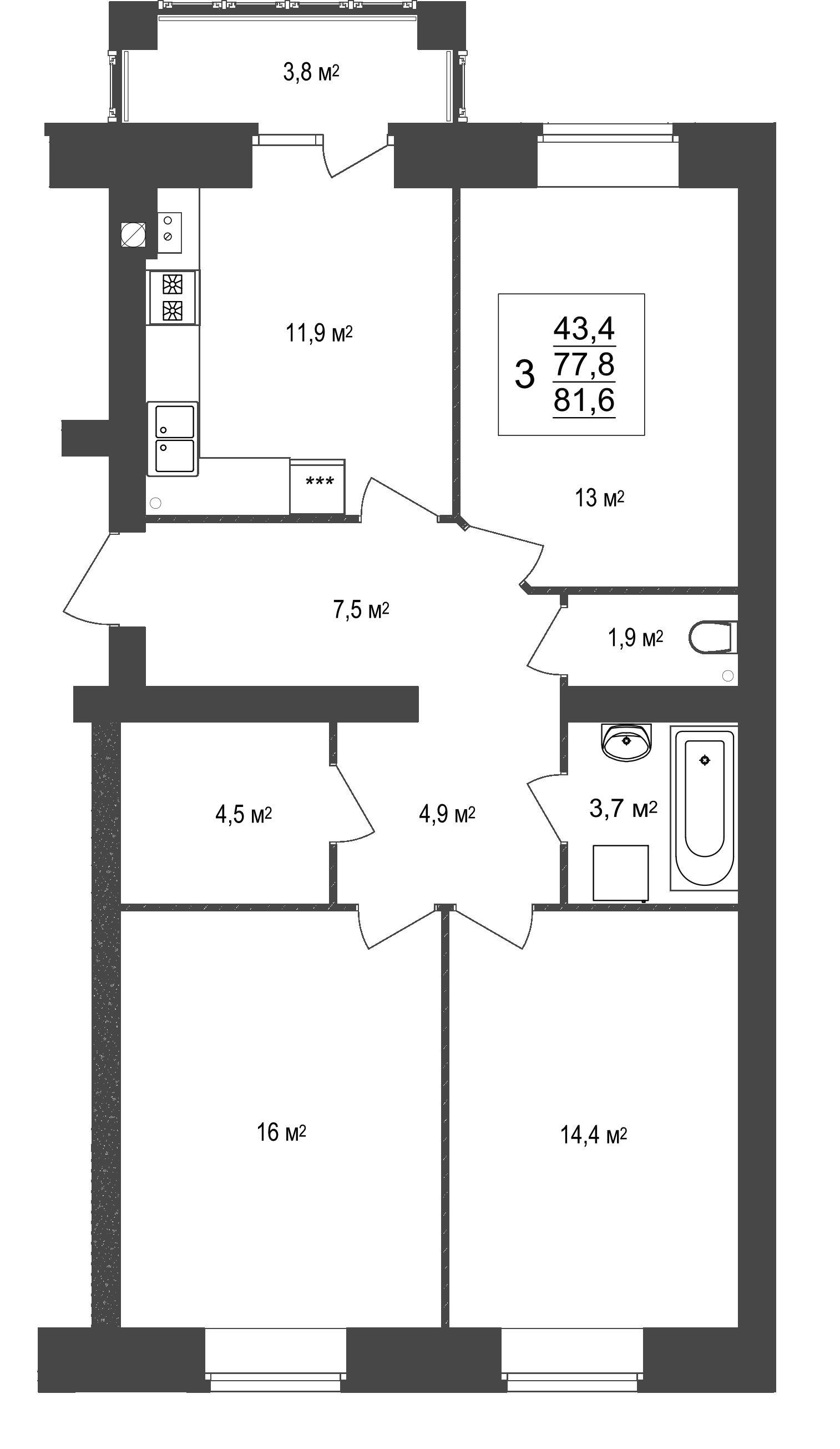 В доме №20 продается 3-комн. квартира №13 пл. 81,6 м² (подъезд 2, этаж 1)