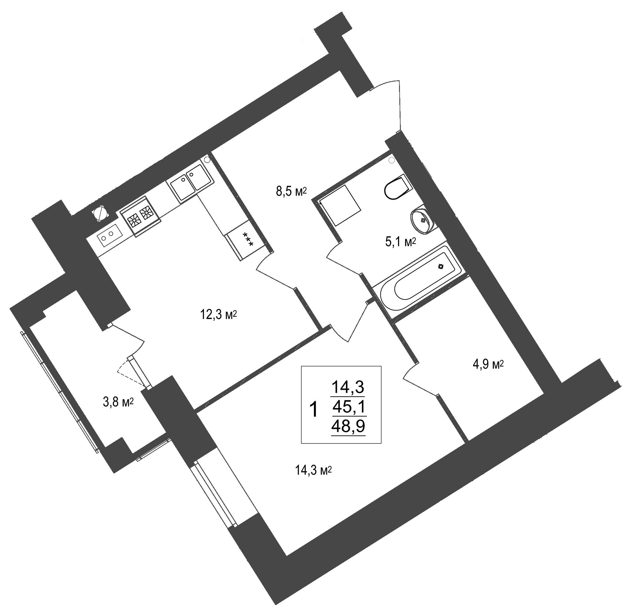 В доме №20 продается 1-комн. квартира  №2 пл. 48,9 м² (подъезд 1, этаж 1)