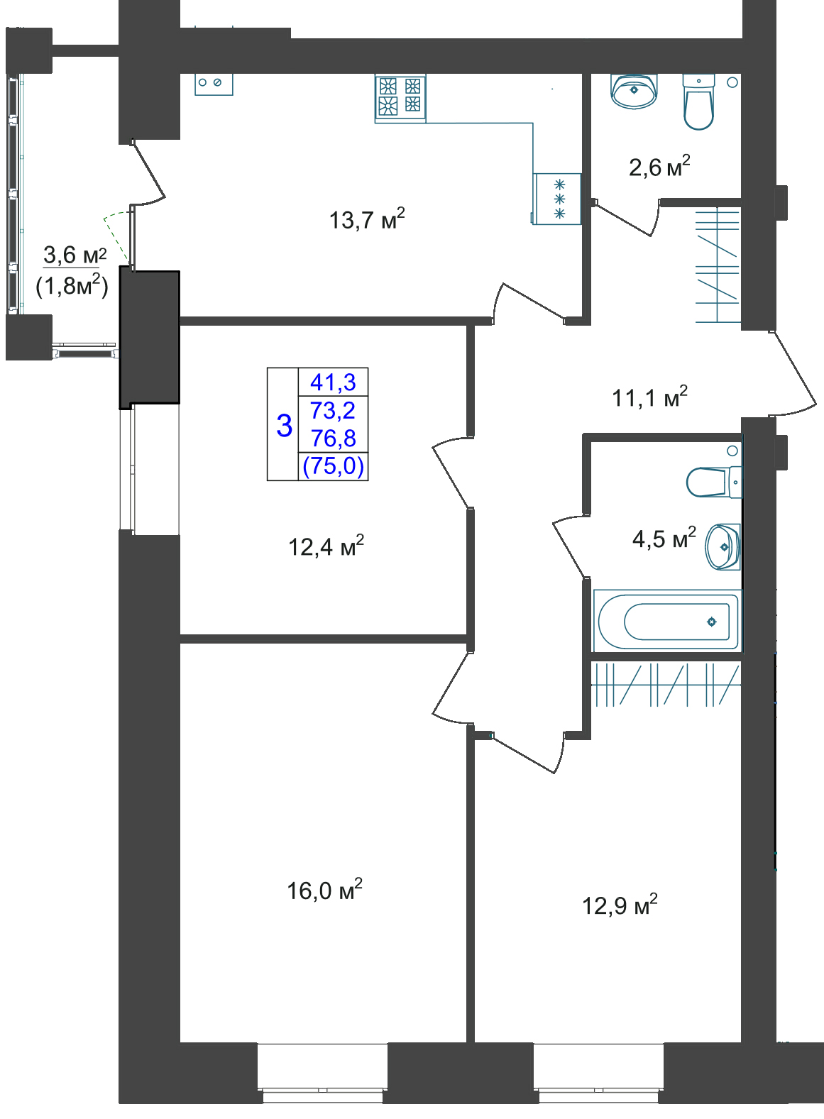 В доме №19 продается 3-комн. квартира №1 пл. 73,2 м² (подъезд 1, этаж 1)
