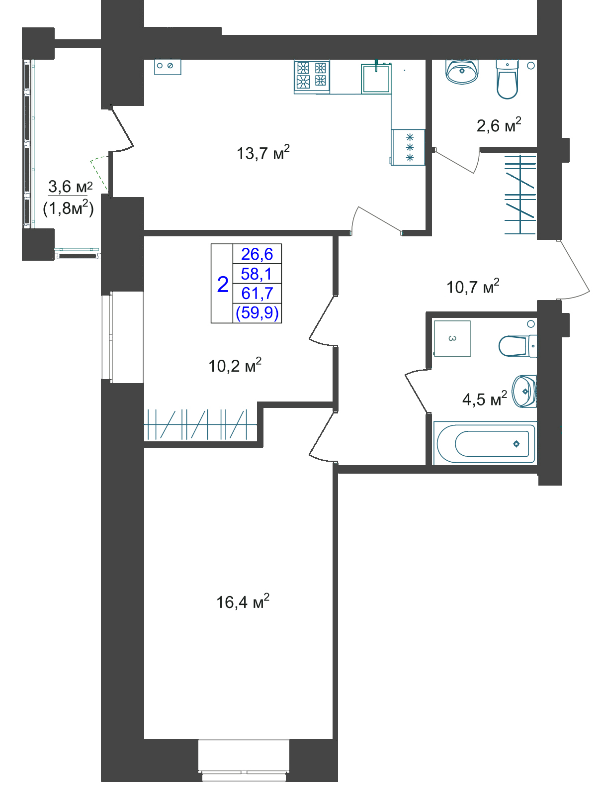 В доме №19 продается 2-комн. квартира №7 пл. 61,7 м² (подъезд 1, этаж 2)