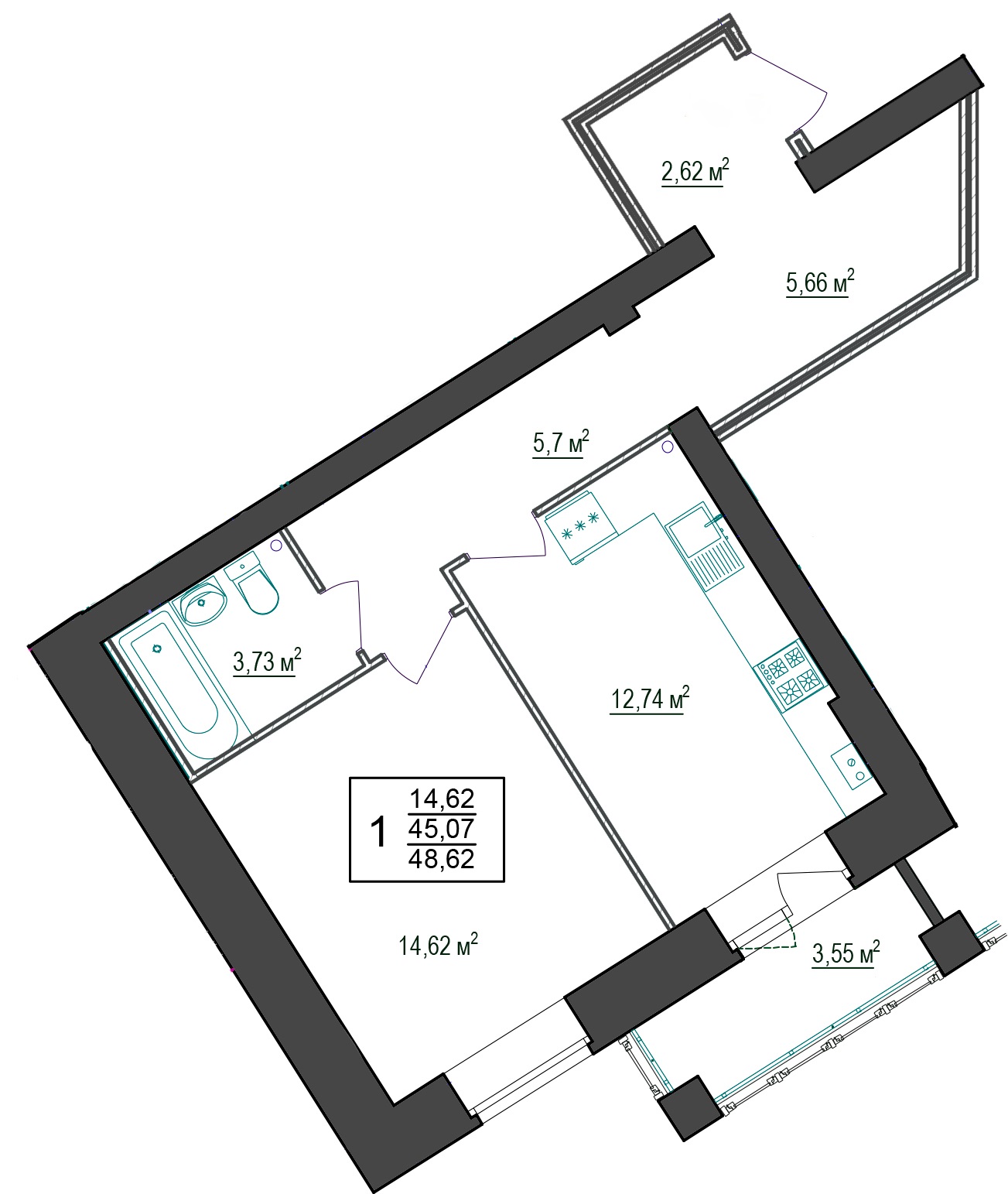 В доме №9 продается 1-комн. квартира №37 пл. 48,62 м² (подъезд 4, этаж 1)