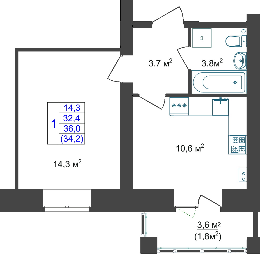 В доме №19 продается 1-комн. квартира №6 пл. 36,0 м² (подъезд 1, этаж 2)