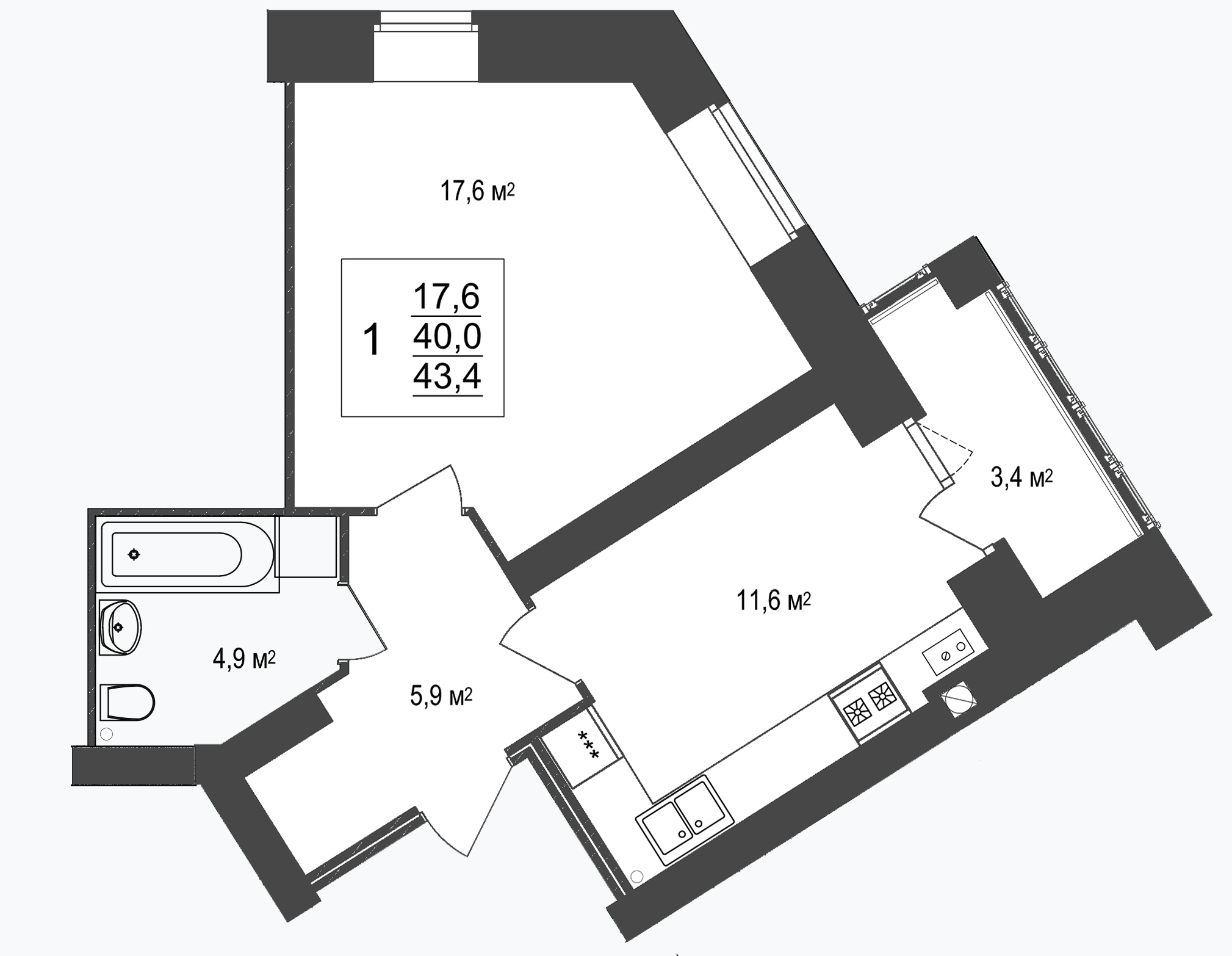 В доме №20 продается 1-комн. квартира №4 пл. 43,4 м² (подъезд 1, этаж 1)