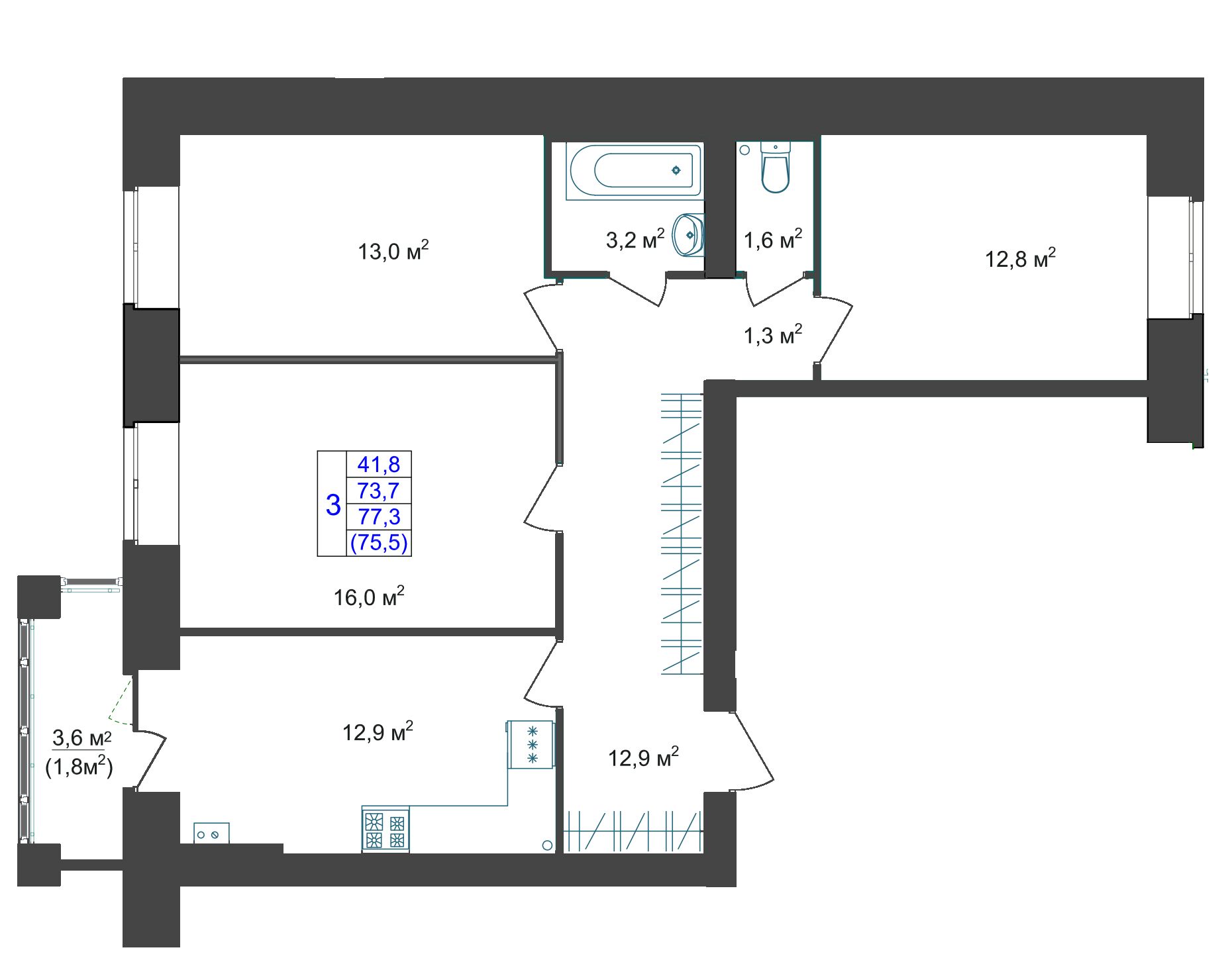 В доме №19 продается 3-комн. квартира №8 пл. 77,3 м² (подъезд 1, этаж 2)