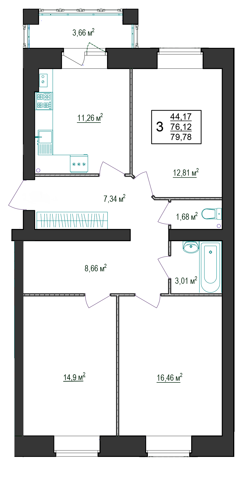 В доме №9 продается 3-комн. квартира №35 пл. 79,78 м² (подъезд 4, этаж 1)