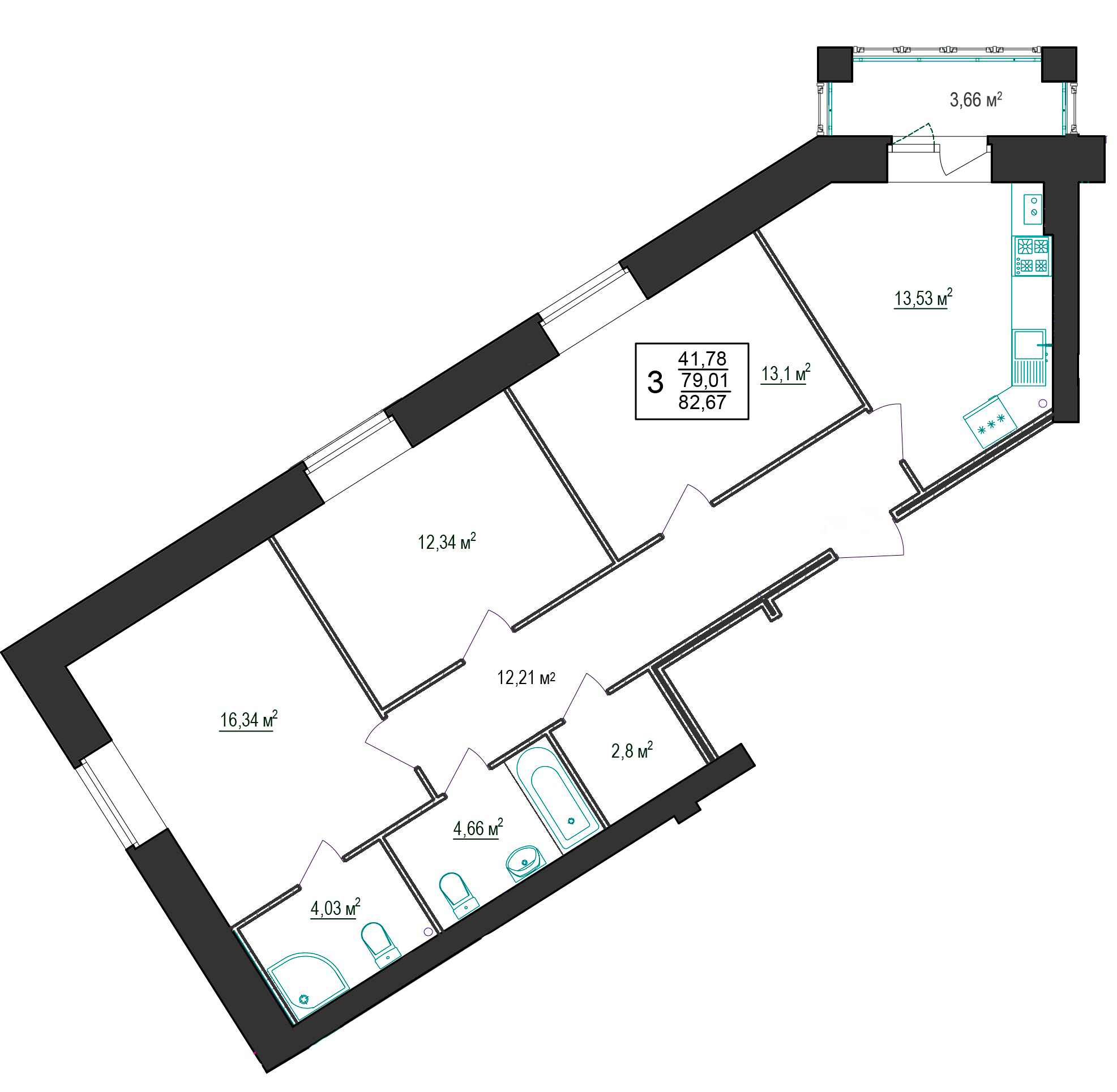 В доме №9 продается 3-комн. квартира с мастер-спальней №43 пл. 82,67 м² (подъезд 4, этаж 2)