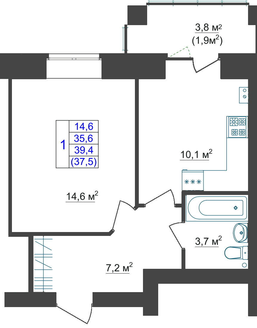 В доме №19 продается 1-комн. квартира №26 пл. 39,4 м² (подъезд 2, этаж 3)