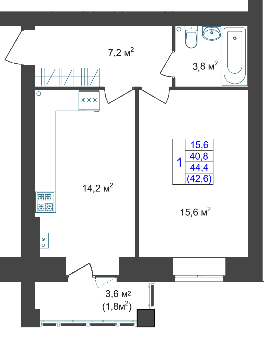 В доме №19 продается 1-комн. квартира №4 пл. 44,4 м² (подъезд 1, этаж 1)