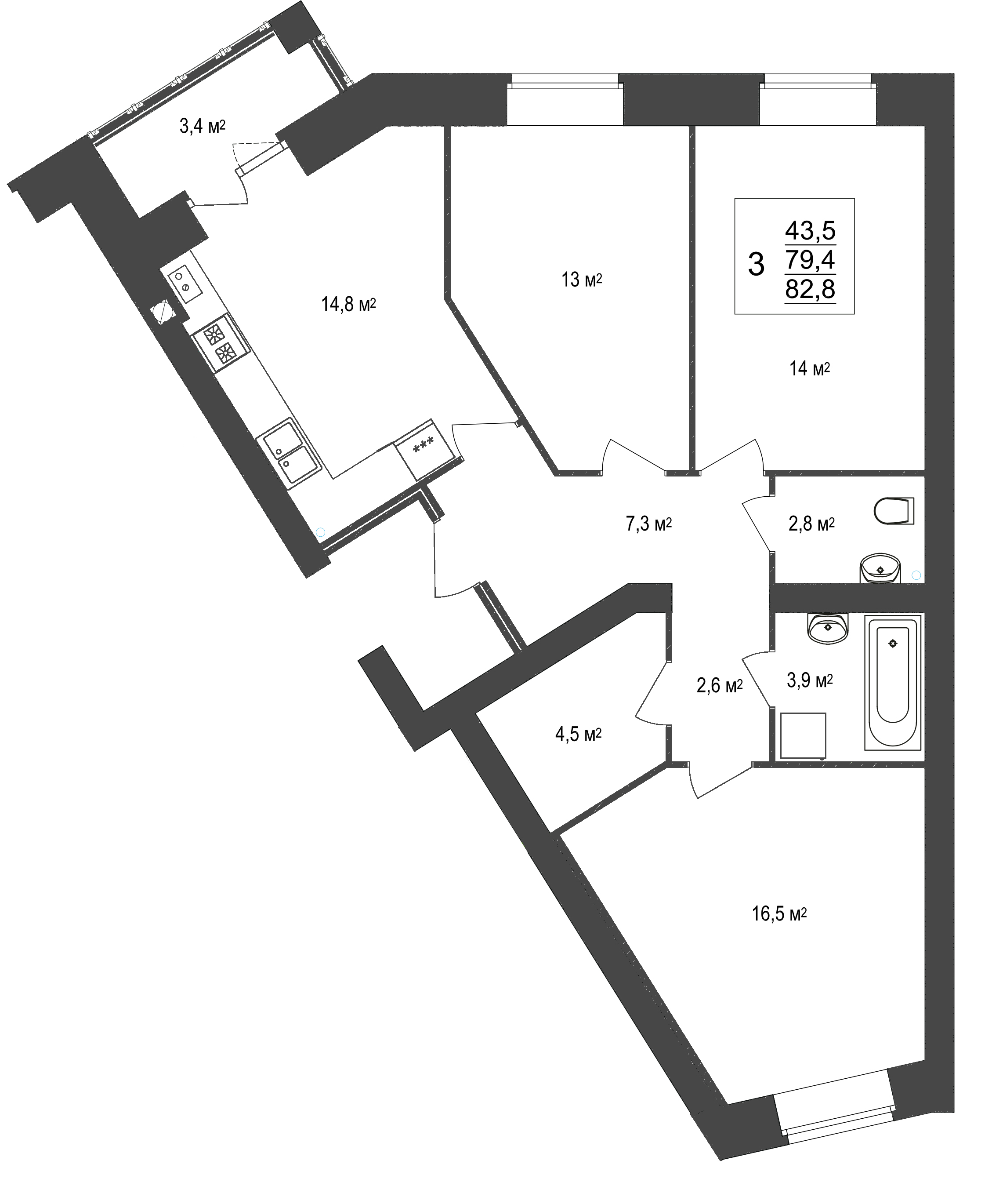 В доме №20 продается 3-комн. квартира  №27 пл. 82,8 м² (подъезд 3, этаж 2)