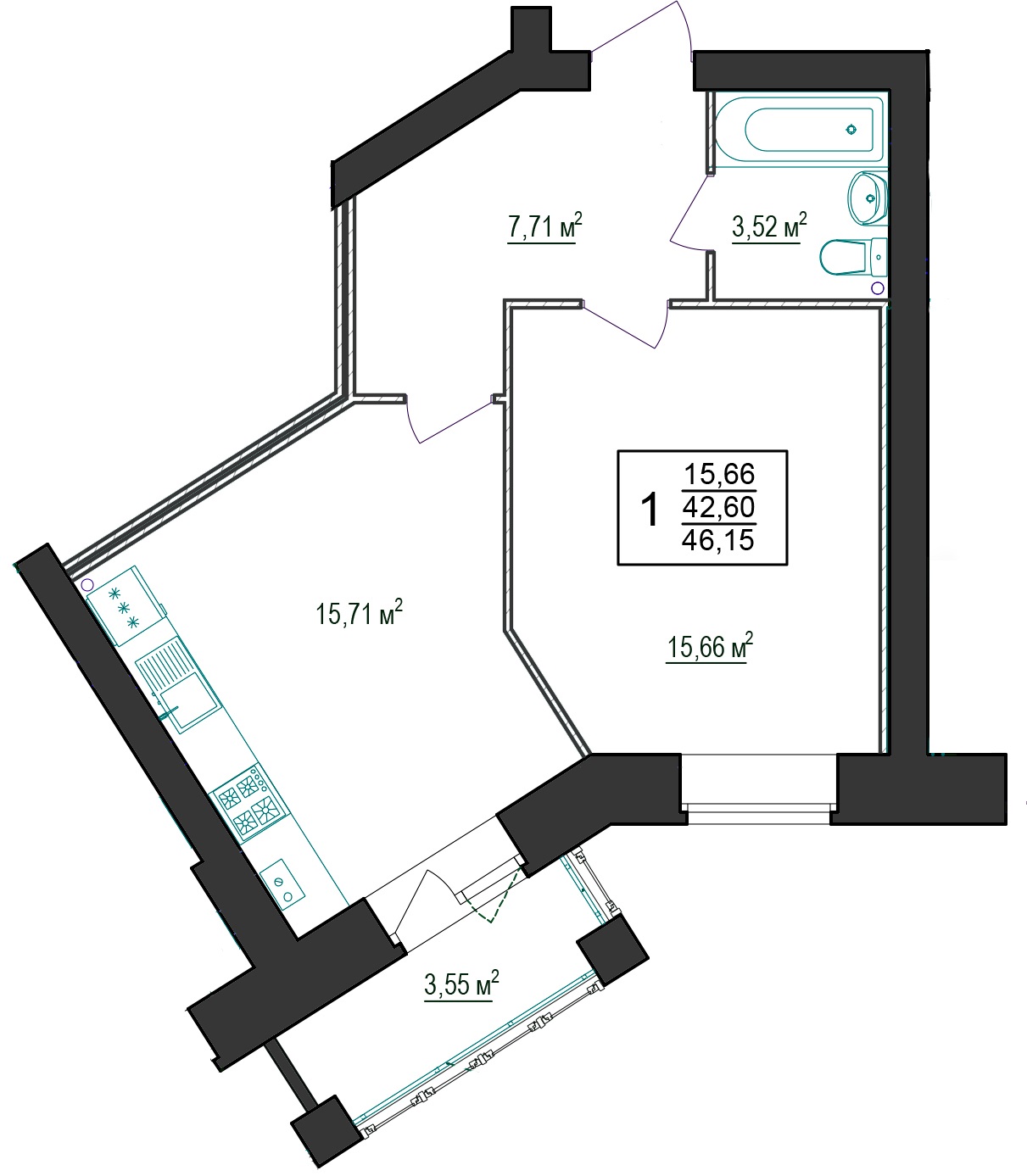 В доме №9 продается 1-комн. квартира №41 пл. 46,15 м² (подъезд 4, этаж 2)