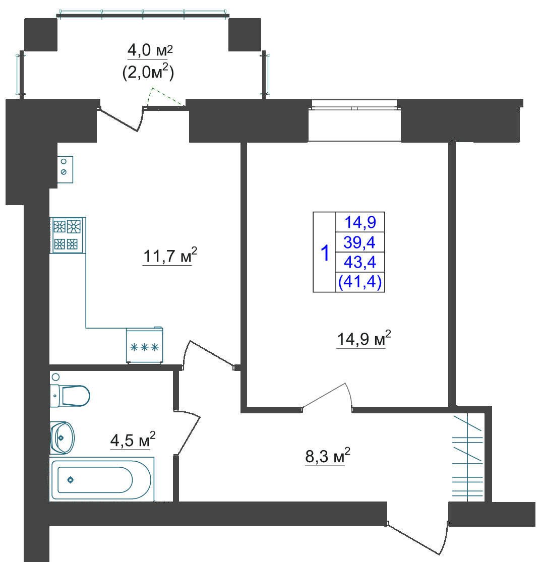 В доме №19 продается 1-комн. квартира №25 пл. 43,4 м² (подъезд 2, этаж 3)