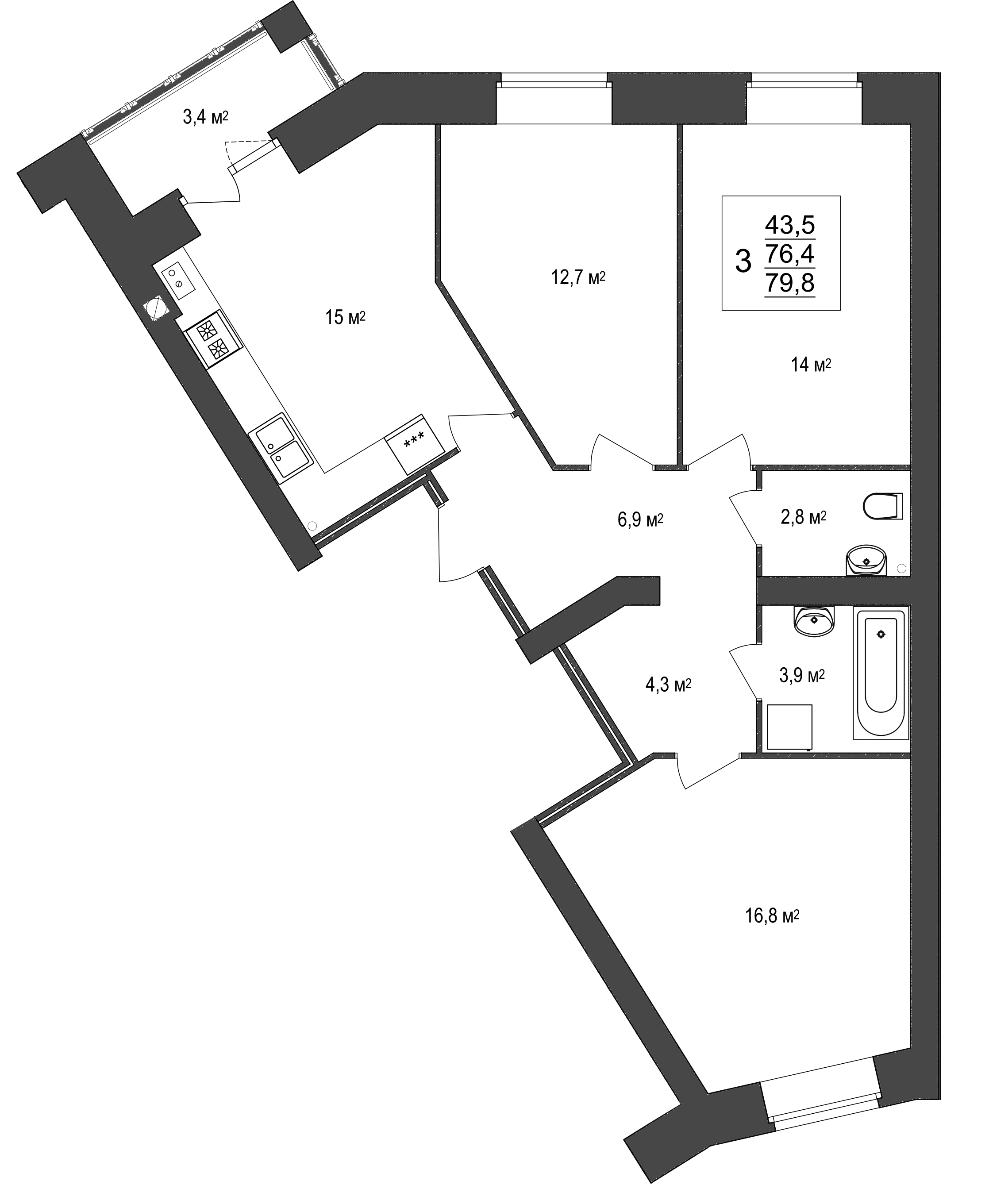 В доме №20 продается 3-комн. квартира  №24 пл. 79,8 м² (подъезд 3, этаж 1)