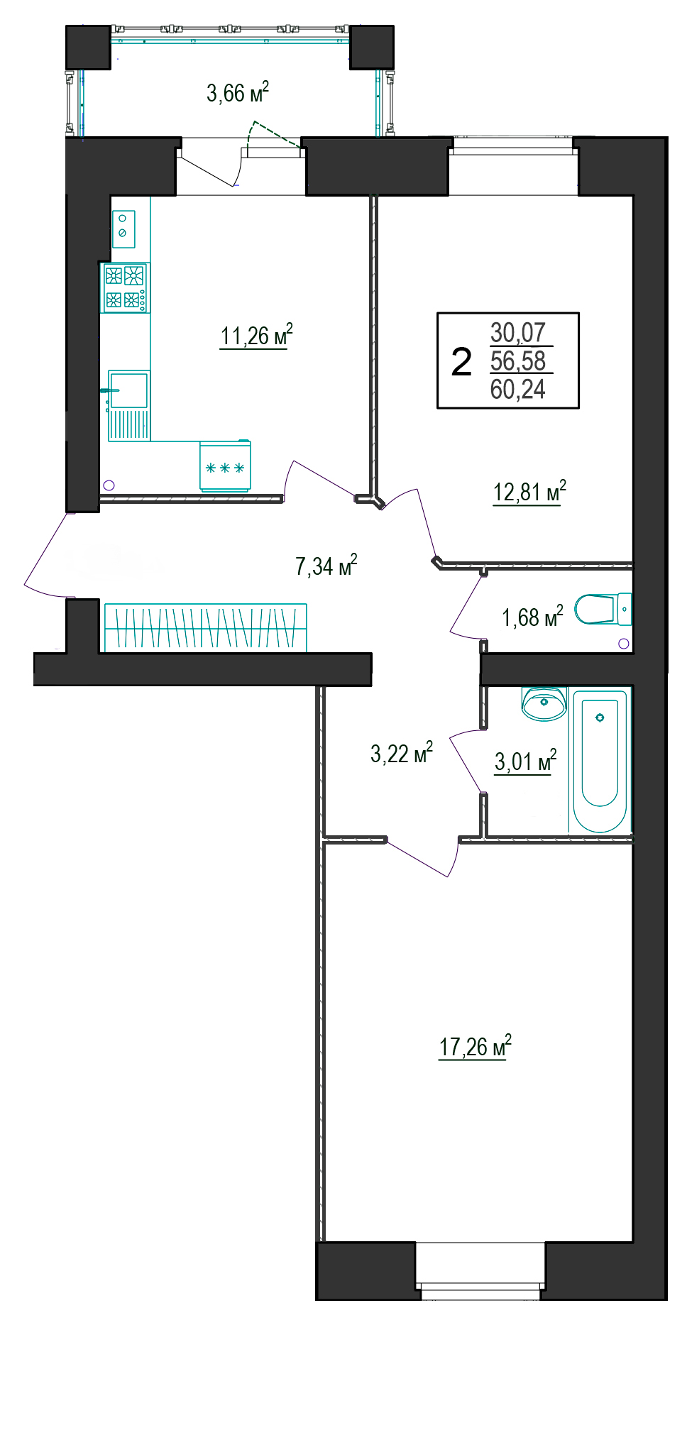 В доме №9 продается 2-комн. квартира №44 пл. 60,24 м² (подъезд 4, этаж 3)