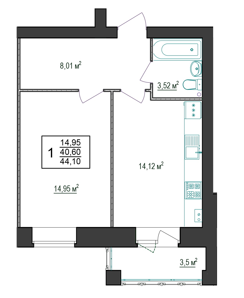 В доме №9 продается 1-комн. квартира №22 пл. 44,15 м² (подъезд 2, этаж 3)