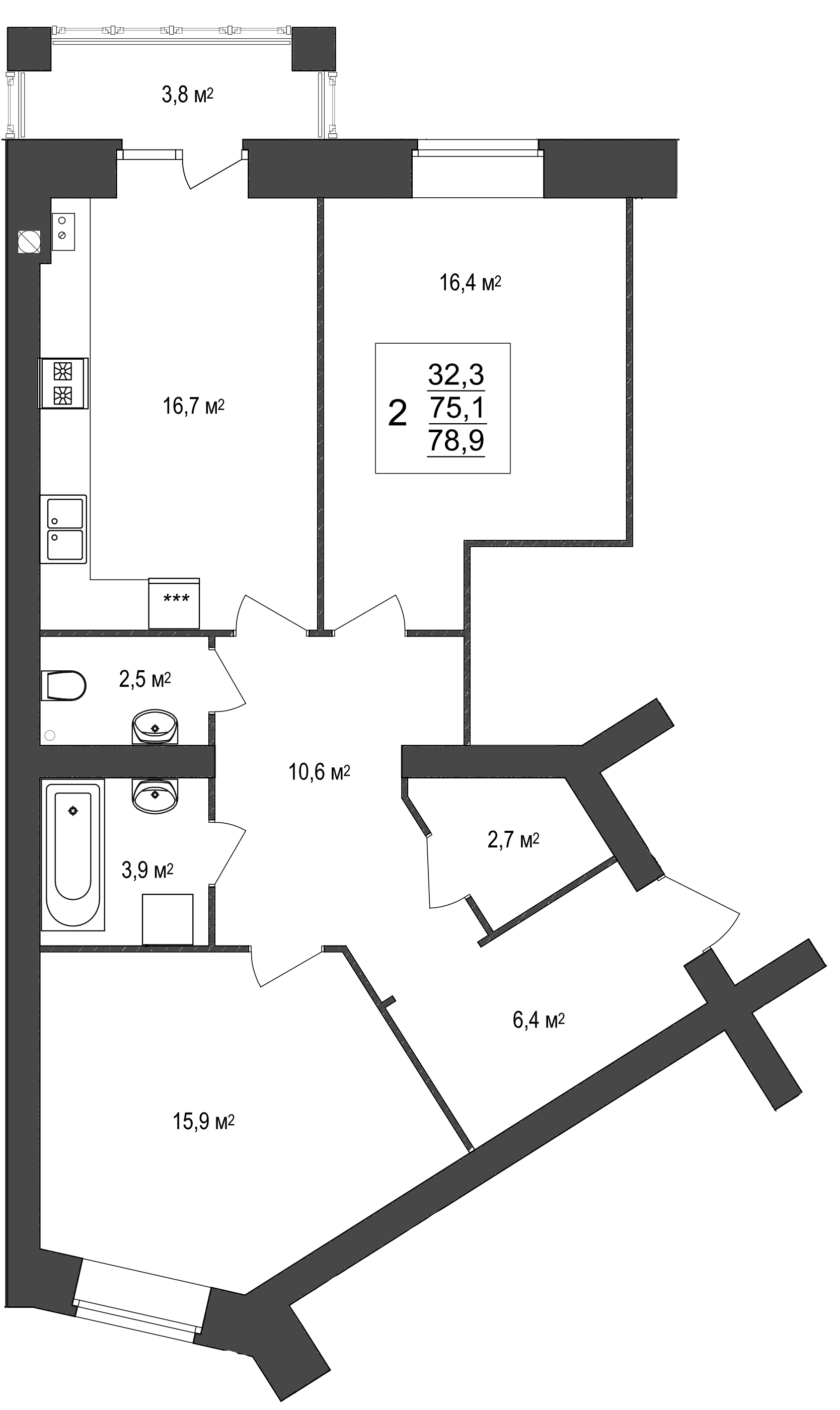 В доме №20 продается 2-комн. квартира №11 пл. 78,9 м² (подъезд 1, этаж 3)