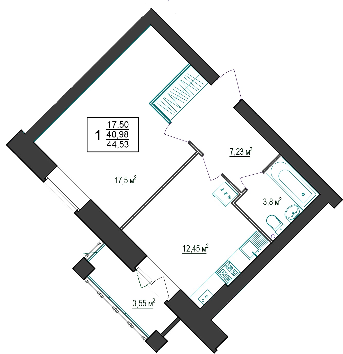 В доме №9 продается 1-комн. квартира №3 пл. 44,53 м² (подъезд 1, этаж 1)