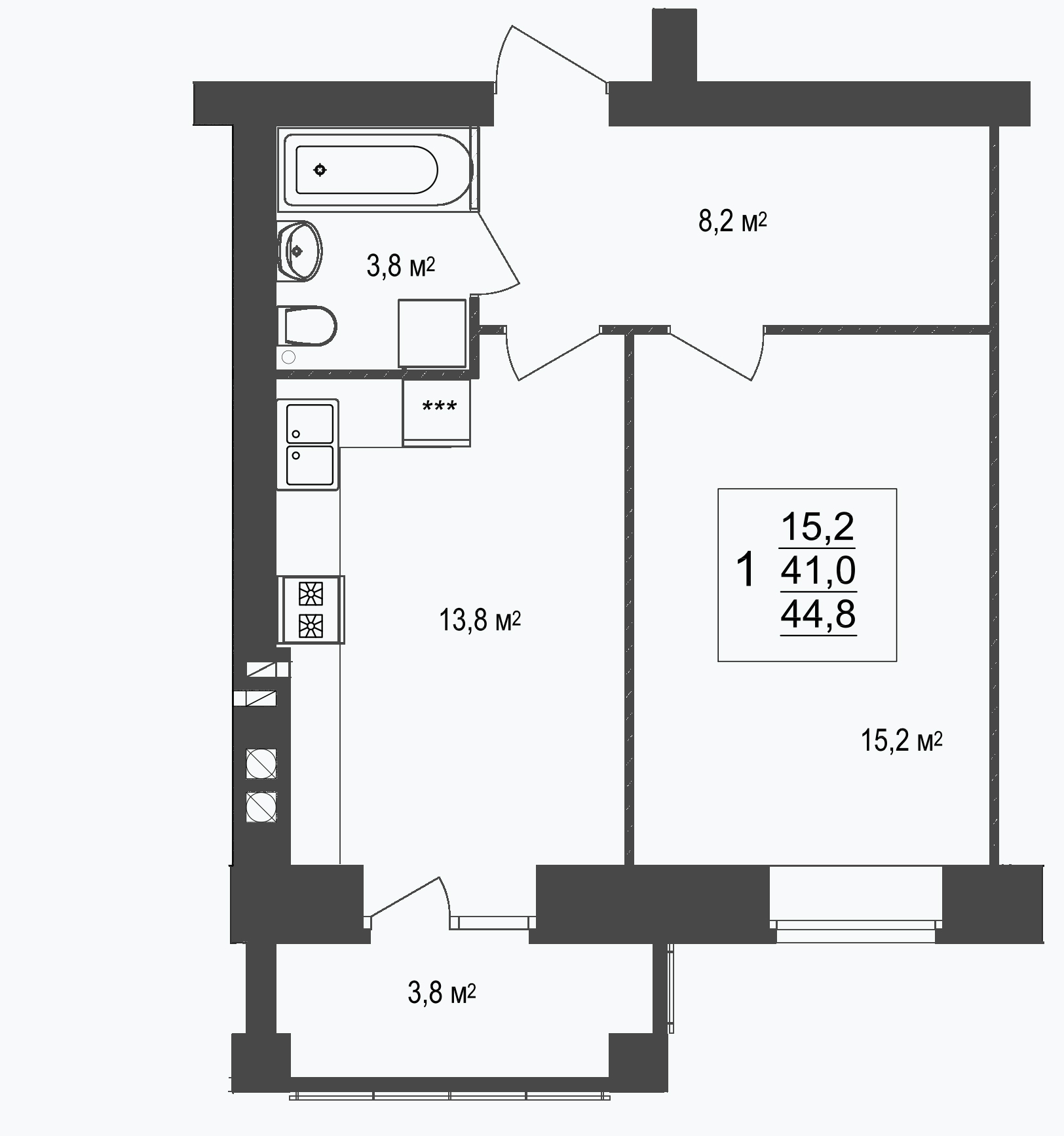 В доме №20 продается 1-комн. квартира №17 пл. 44,8 м² (подъезд 2, этаж 2)