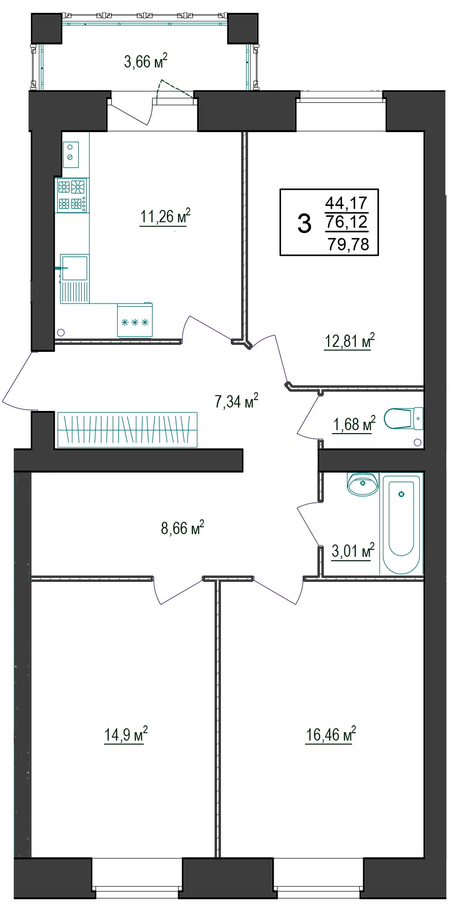 В доме №9 продается 3-комн. квартира №24 пл. 79,78 м² (подъезд 3, этаж 1)