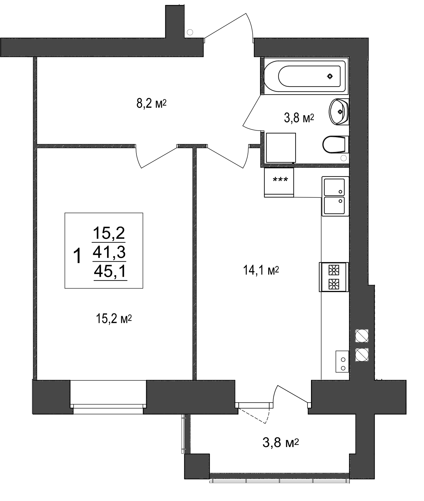 В доме №20 продается 1-комн. квартира №14 пл. 45,1 м² (подъезд 2, этаж 1)