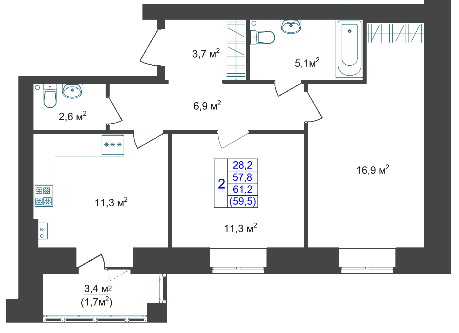 В доме №19 продается 2-комн. квартира №23 пл. 61,2 м² (подъезд 2, этаж 2)