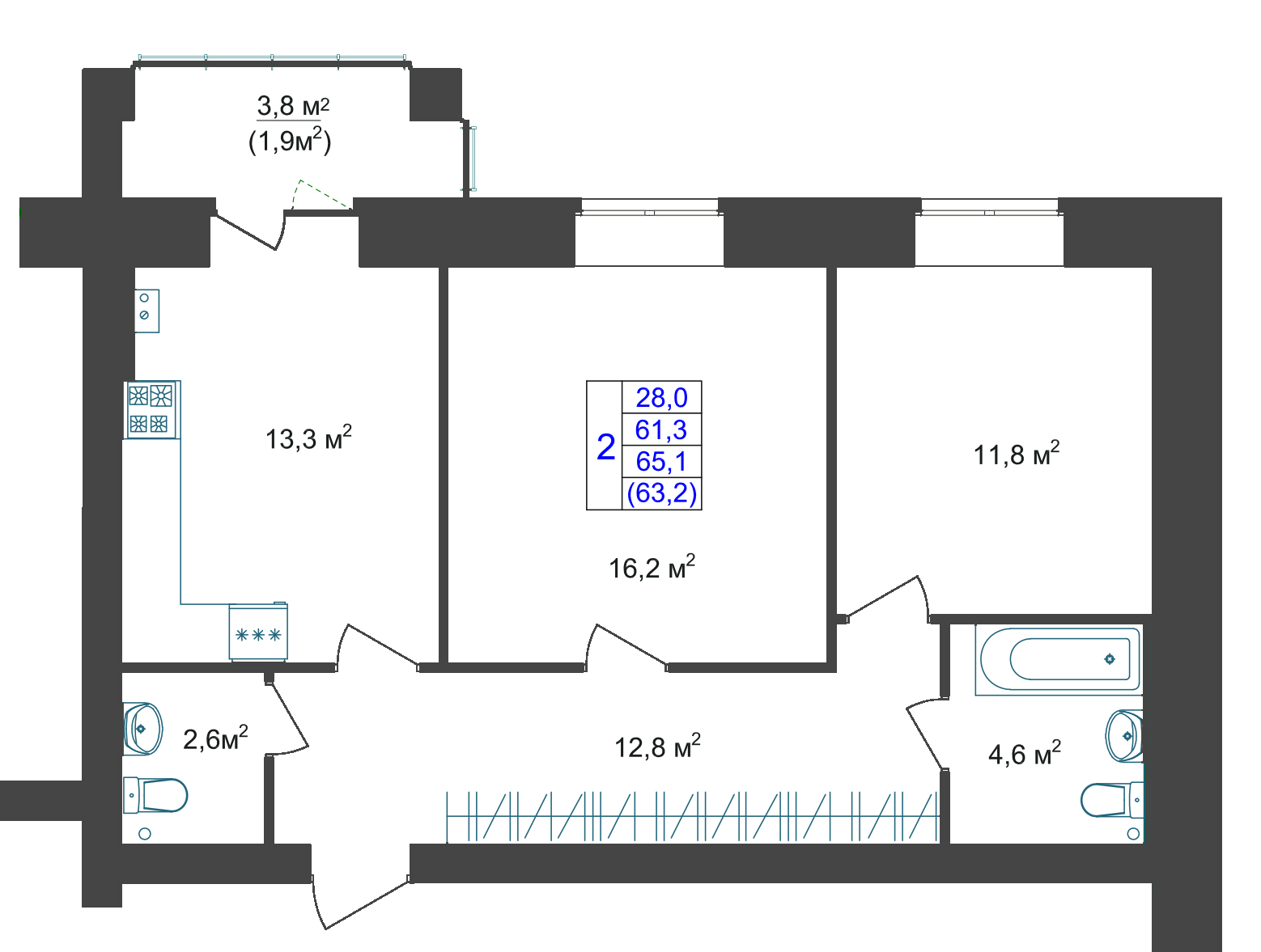 В доме №19 продается 2-комн. квартира №22 пл. 61,3 м² (подъезд 2, этаж 2)
