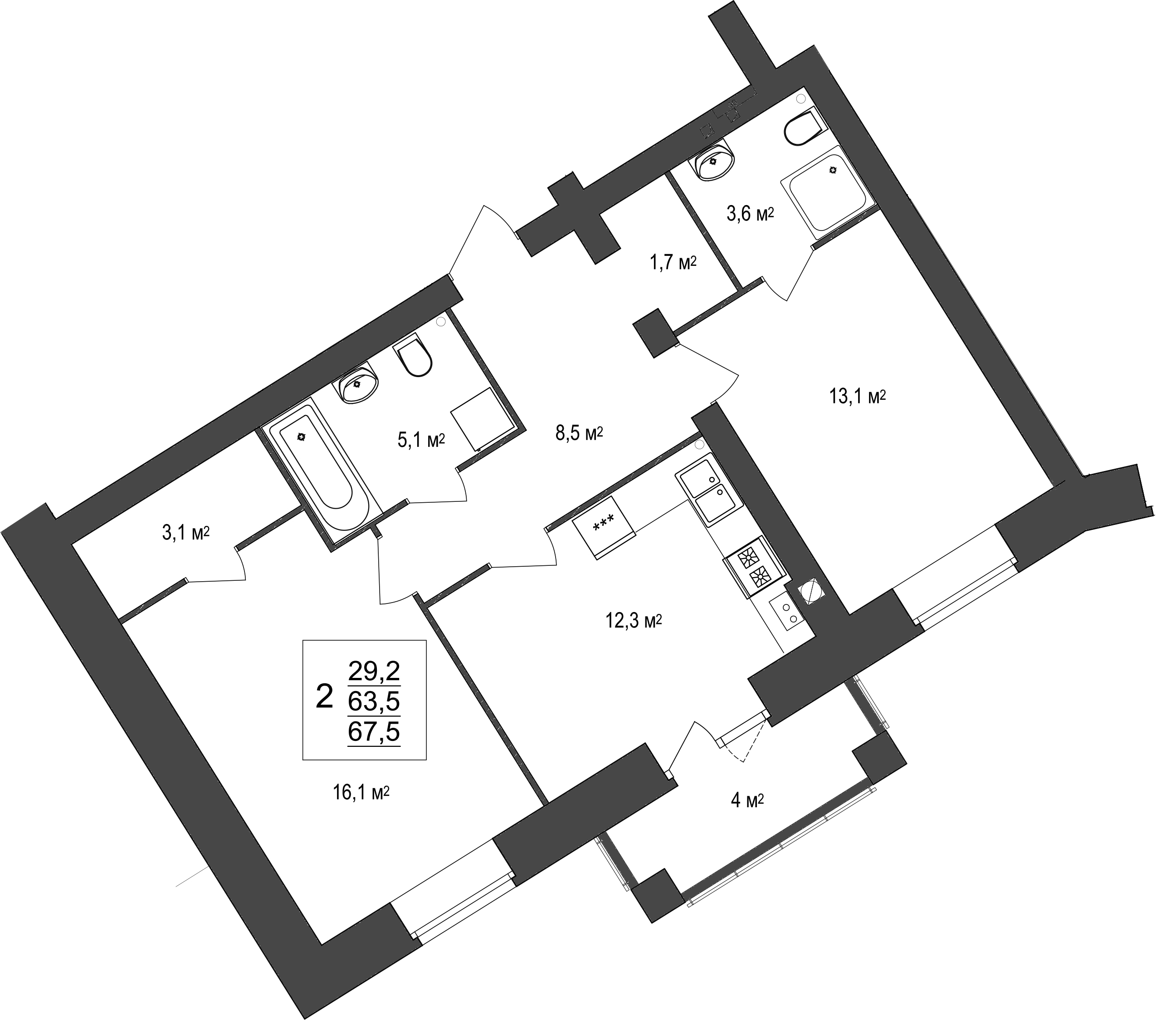 В доме №20 продается 2-комн. квартира №28 пл. 67,5 м² (подъезд 3, этаж 2)