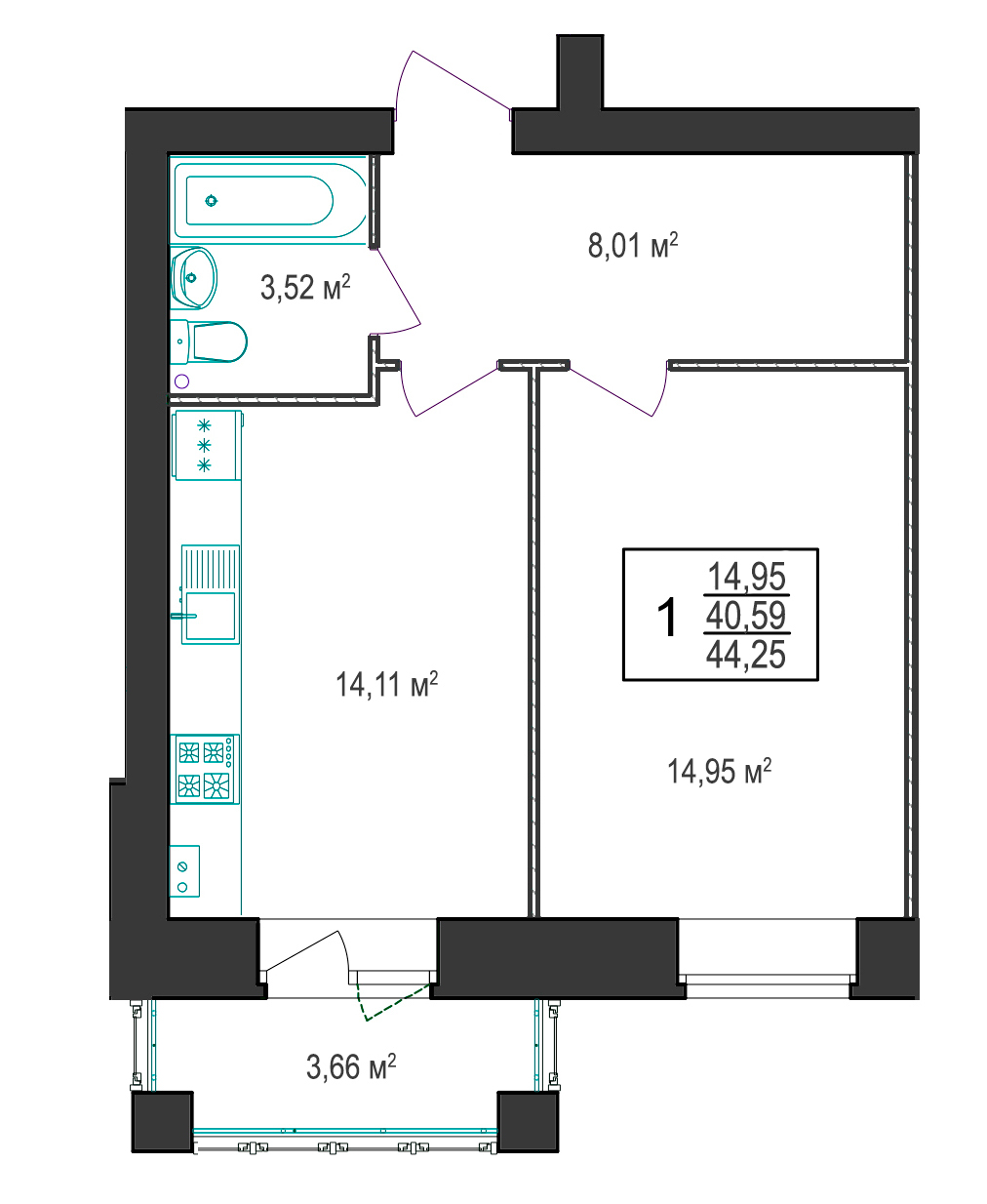 В доме №9 продается 1-комн. квартира №40 пл. 44,25 м² (подъезд 4, этаж 2)