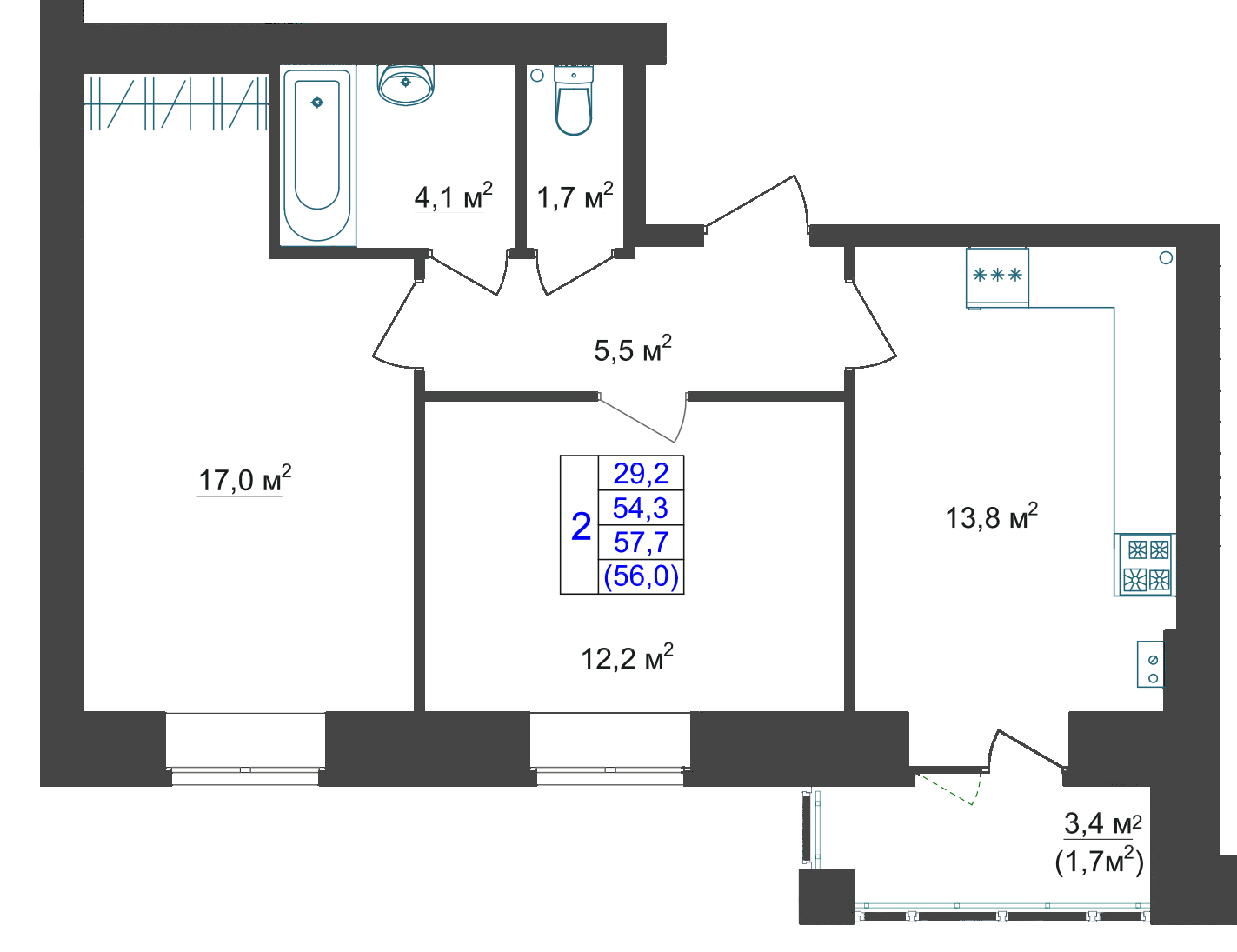 В доме №19 продается 2-комн. квартира №24 пл. 54,3 м² (подъезд 2, этаж 3)